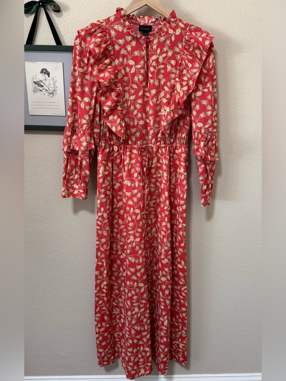 WHO WHAT WEAR | Coral Red Floral Ruffle Long Sleeve Maxi Dress Size XS
